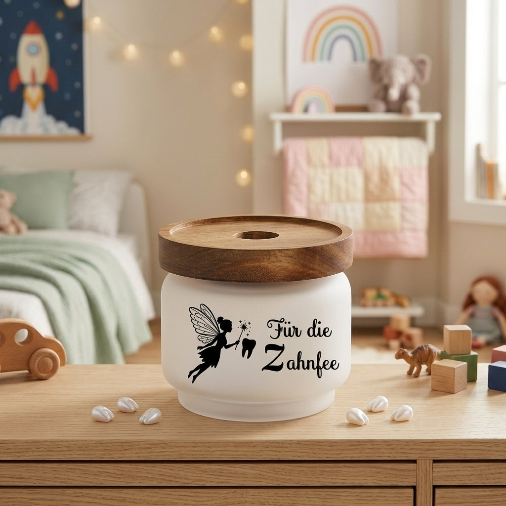 Zahndose Glas Holzdeckel personalisiert Name Zahnfee Dose Wackelzähne Milchzahndose Aufbewahrung Kinder Geschenk Wackelzahn 250ml