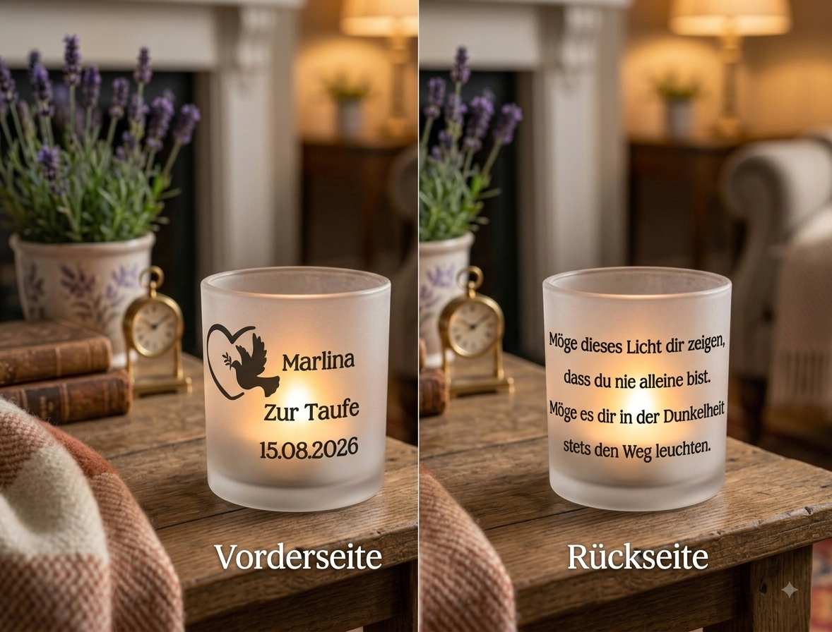 Teelichtglas Taufe satiniert personalisiert Taufkerze Windlicht Geschenk zur Taufe Mädchen Junge Taufgeschenk mit Name Datum