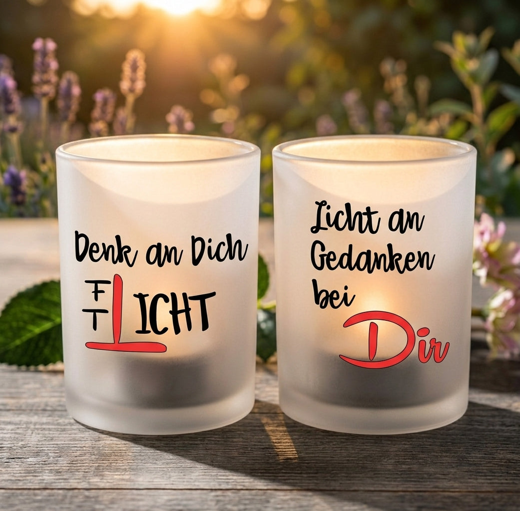 Teelichtglas Denk an Dich Geschenk Personalisiert Kerzenglas Satiniert Windlicht Freundin Trostlicht Licht an Gedanken bei Dir Mitbringsel