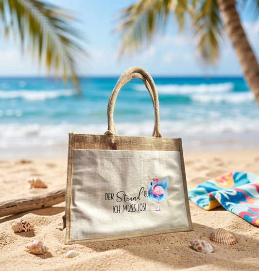 Jute Strandtasche Flamingo Spruch Urlaub Shopper Tasche Baumwolle Damen Geschenk Strand Beutel Henkeltasche Sommer Meer Urlaubstasche Natur