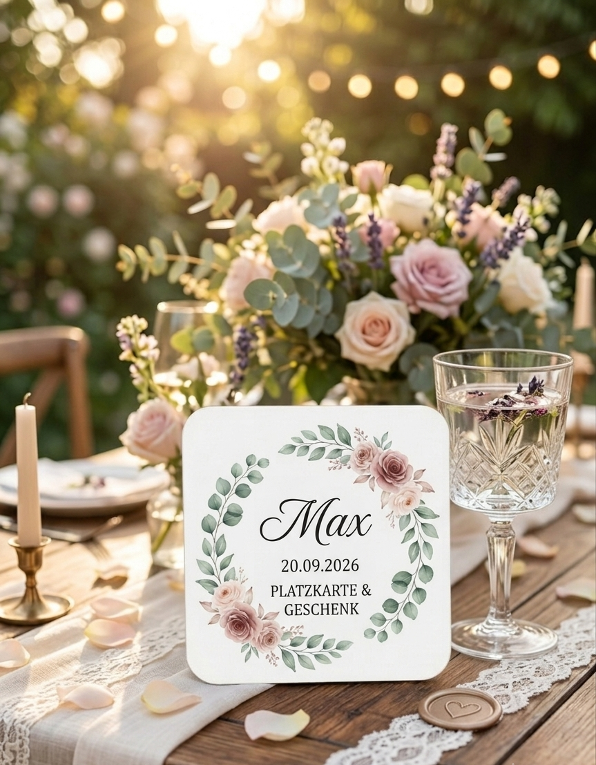 Untersetzer Hochzeit Gastgeschenk Platzkarte Personalisierbar Namensschild Hochzeitsdeko Tischkarte Geschenk Gäste auch in Glitzer