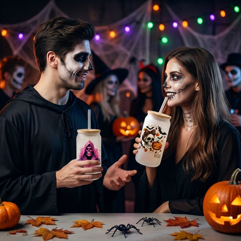 Halloween Glas personalisiert mit Name Bambusdeckel Strohhalm Totenkopf Trinkglas Eiskaffee Dose 520ml Geschenkidee Erwachsene Deko