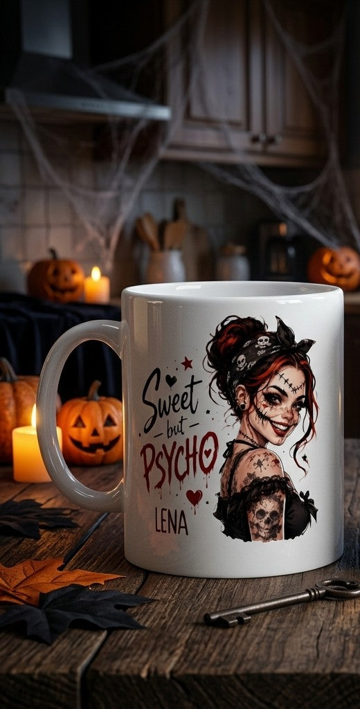 Halloween Tasse personalisiert mit Name Sweet but Psycho Vampir Kaffeetasse Keramik Geschenkidee Herbst Grusel Motivbecher Spooky Season