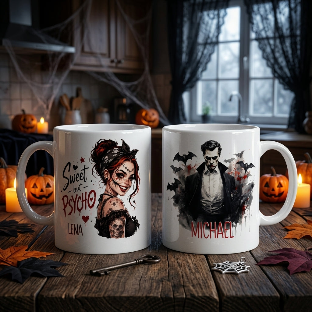 Halloween Tasse personalisiert mit Name Sweet but Psycho Vampir Kaffeetasse Keramik Geschenkidee Herbst Grusel Motivbecher Spooky Season