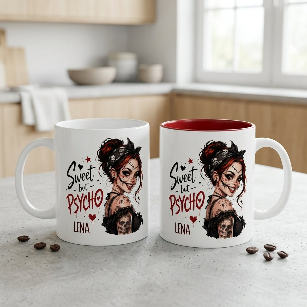 Halloween Tasse personalisiert mit Name Sweet but Psycho Vampir Kaffeetasse Keramik Geschenkidee Herbst Grusel Motivbecher Spooky Season