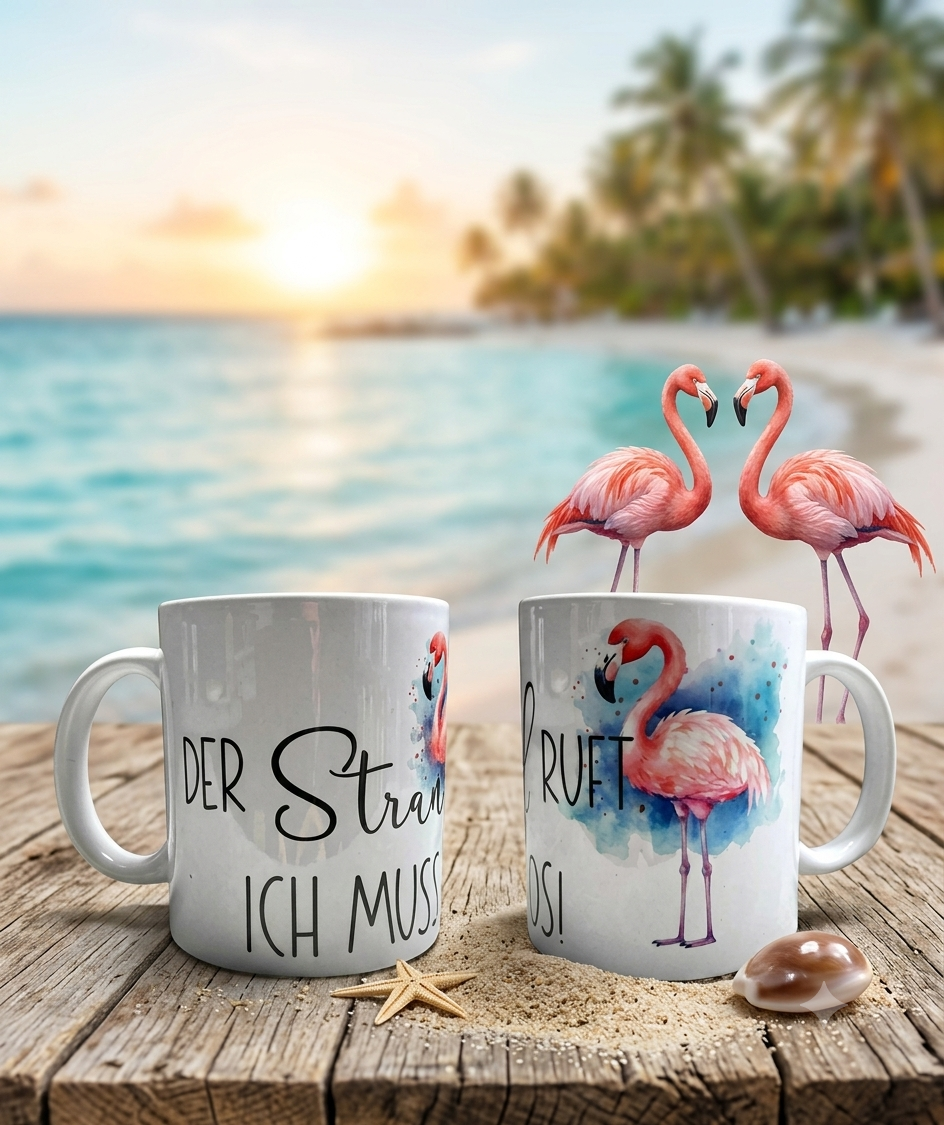 Der Strand ruft Ich muss los Tasse Flamingo Sommer Urlaub Geschenkidee Keramiktasse