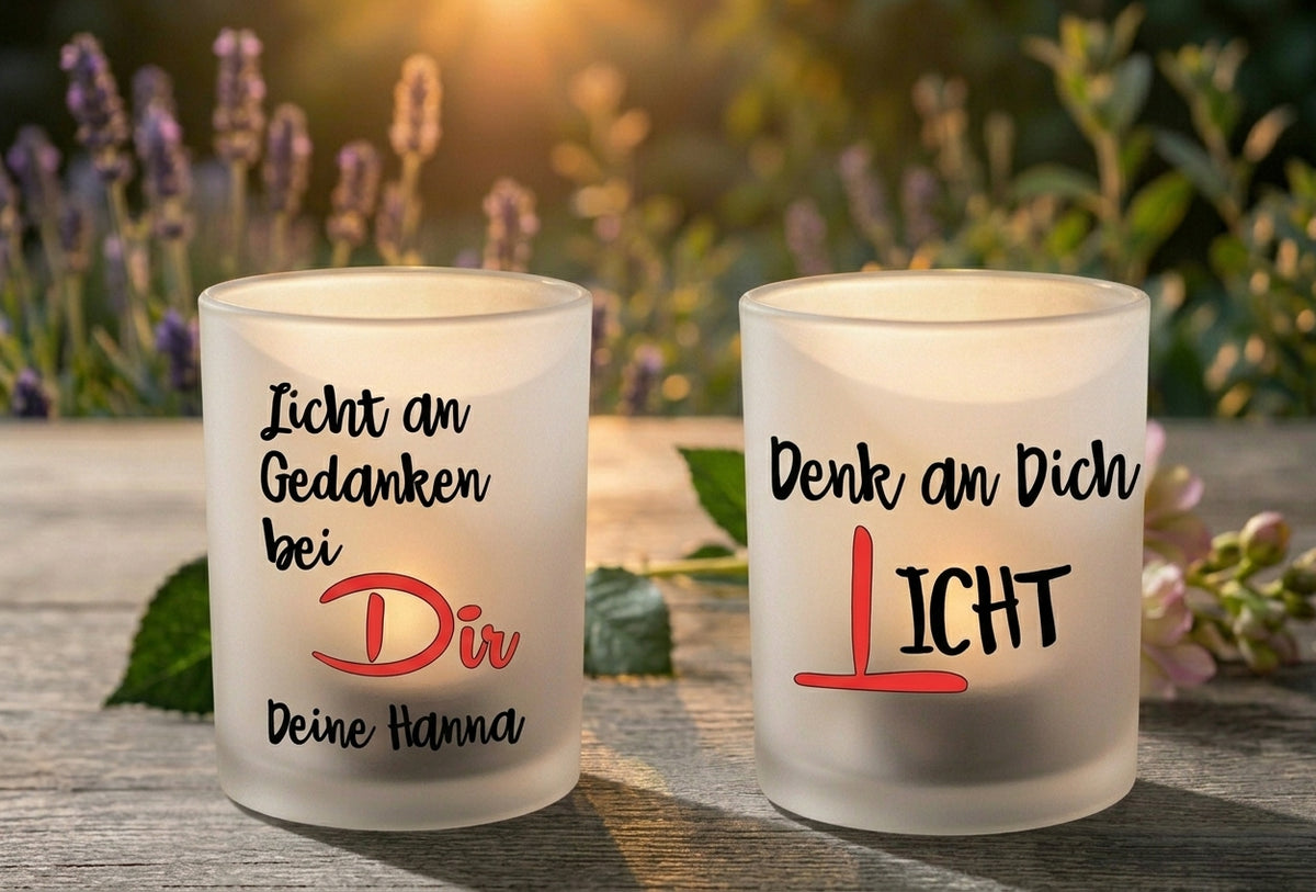 Teelichtglas Denk an Dich Geschenk Personalisiert Kerzenglas Satiniert Windlicht Freundin Trostlicht Licht an Gedanken bei Dir Mitbringsel