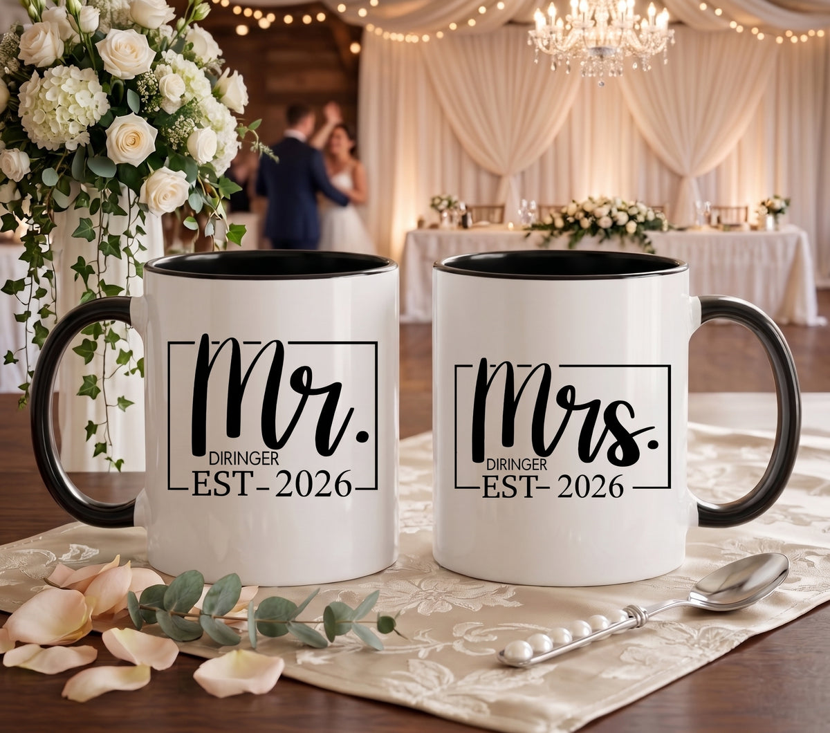 Mr und Mrs Tasse personalisiert Hochzeitsgeschenk Tassenset Partner Hochzeit Kaffeetasse mit Namen Datum schwarz weiß Geschenk für Paare