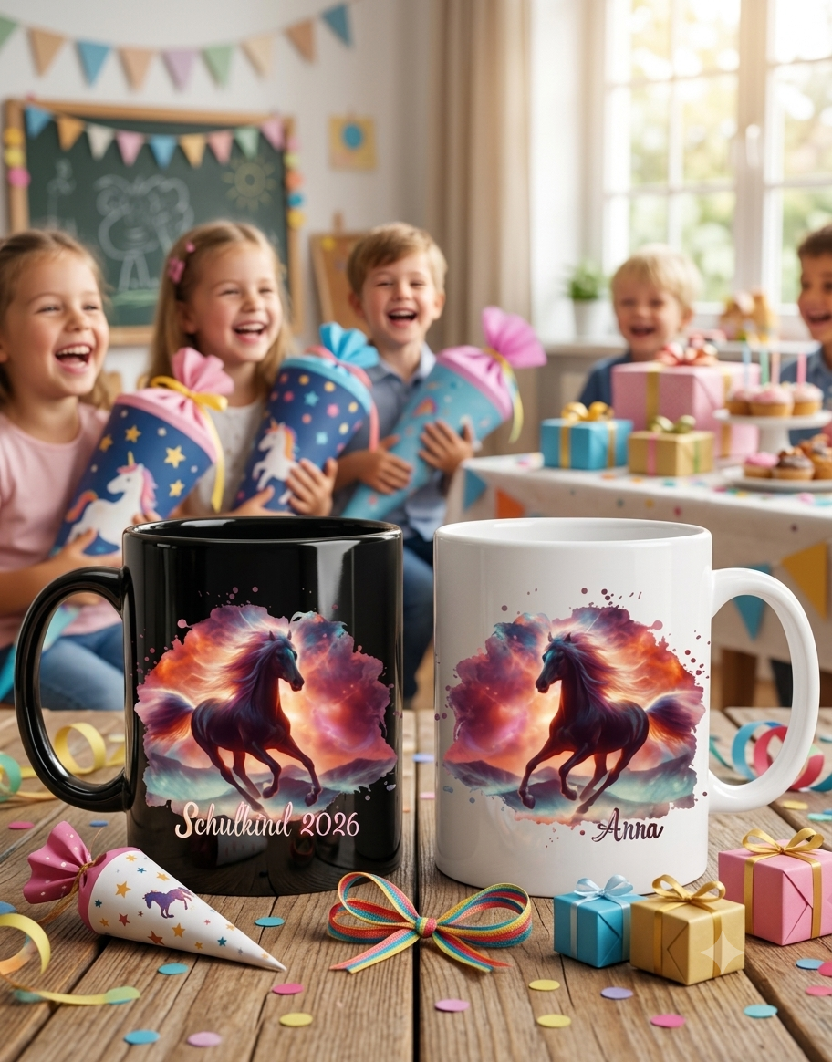 Tasse Einschulung Pferd mit Name Schulkind Tasse Mädchen Geschenke Schulstart Keramiktasse Schwarz Weiß Personalisierbar Geschenkidee