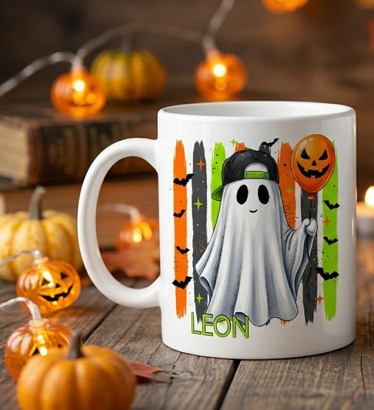 Halloween Tasse Kinder personalisiert mit Name Geist Gespenst Herbst Kakaotasse Geschenkidee Halloween Deko Keramiktasse weiß beidseitig