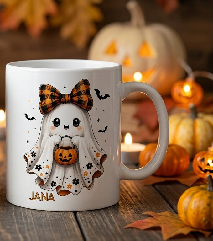 Halloween Tasse Kinder personalisiert mit Name Geist Gespenst Herbst Kakaotasse Geschenkidee Halloween Deko Keramiktasse weiß beidseitig
