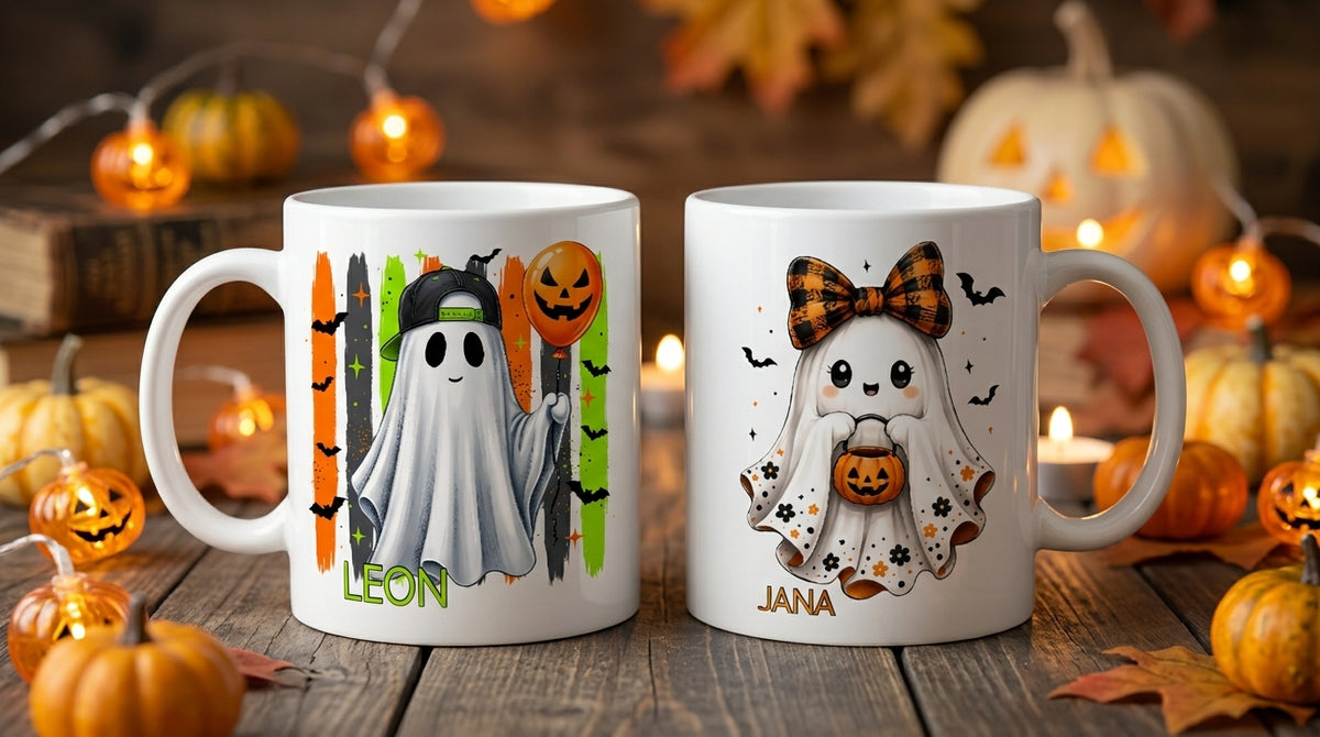 Halloween Tasse Kinder personalisiert mit Name Geist Gespenst Herbst Kakaotasse Geschenkidee Halloween Deko Keramiktasse weiß beidseitig