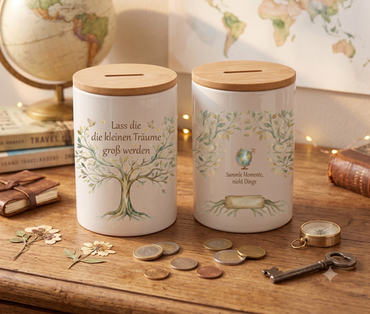 Spardose Keramik personalisiert mit Name Lebensbaum Geschenk Sparen Bambus