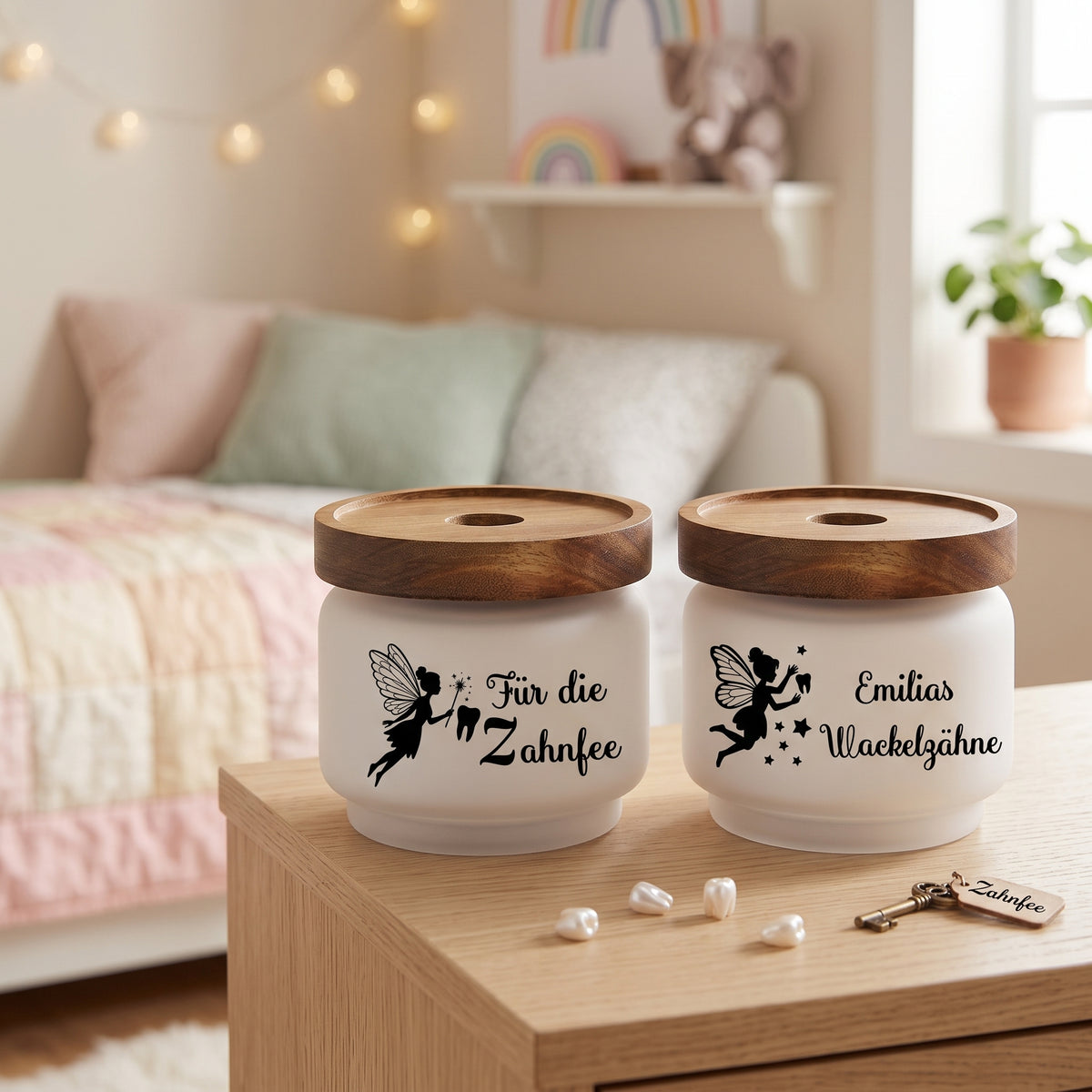Zahndose Glas Holzdeckel personalisiert Name Zahnfee Dose Wackelzähne Milchzahndose Aufbewahrung Kinder Geschenk Wackelzahn 250ml
