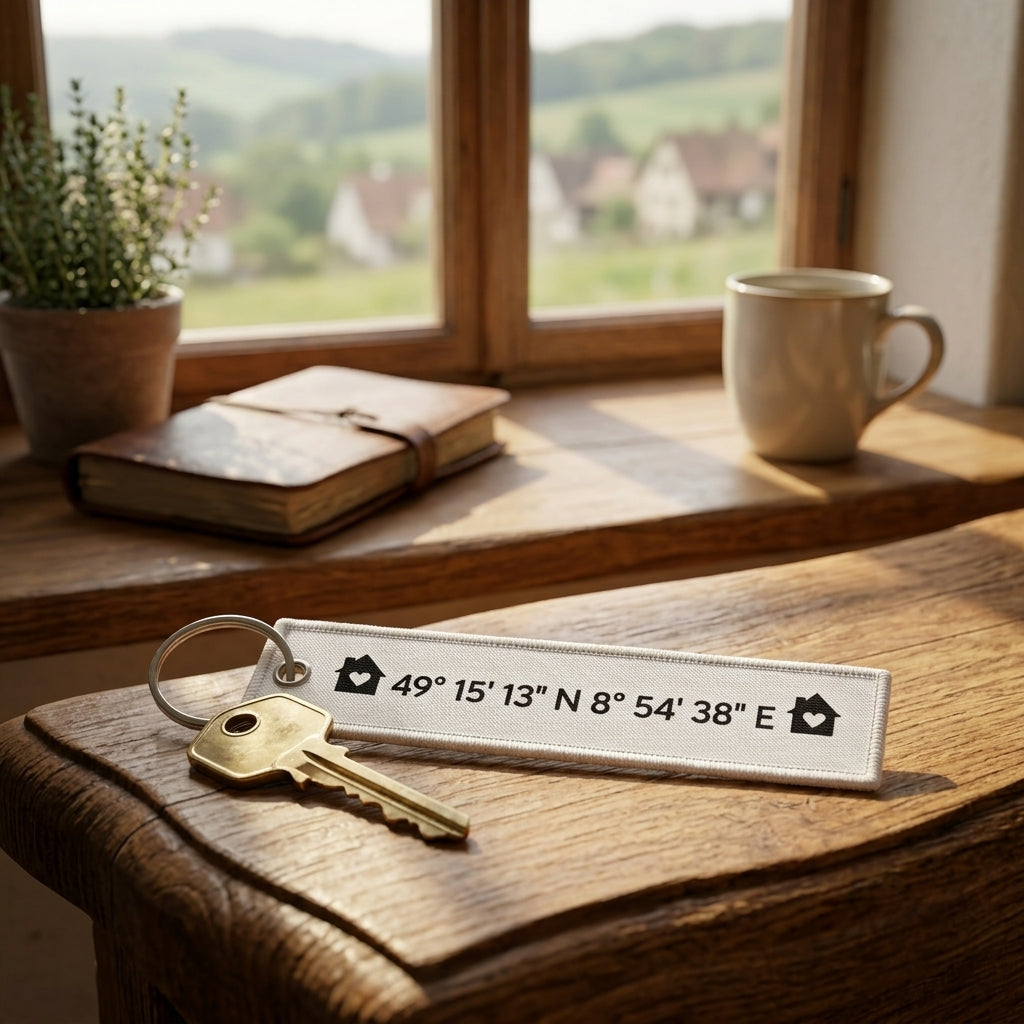 Schlüsselanhänger Haus Koordinaten Geschenk zum Einzug Richtfest Neues Zuhause Erste gemeinsame Wohnung Personalisierter RPET Anhänger