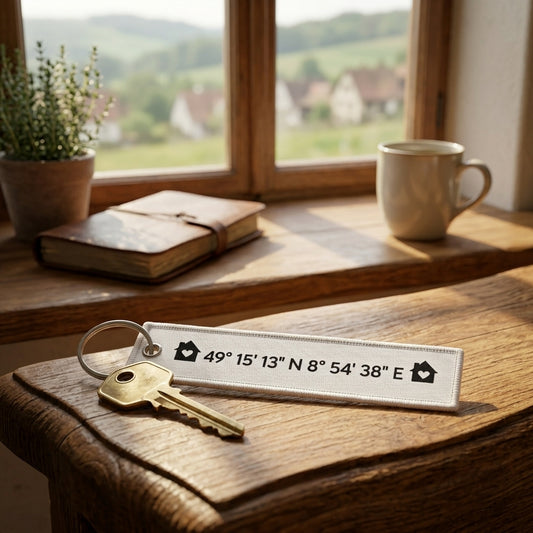 Schlüsselanhänger Haus Koordinaten Geschenk zum Einzug Richtfest Neues Zuhause Erste gemeinsame Wohnung Personalisierter RPET Anhänger