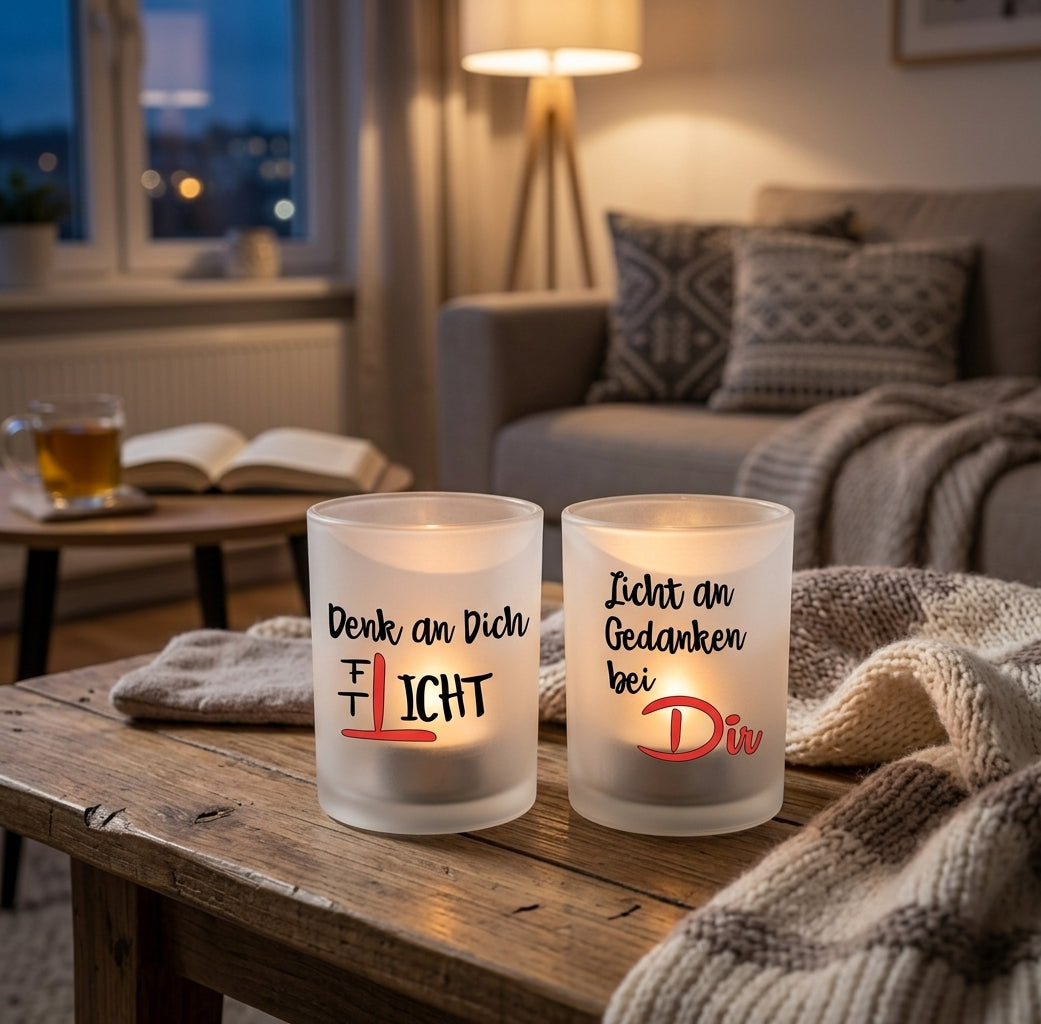 Teelichtglas Denk an Dich Geschenk Personalisiert Kerzenglas Satiniert Windlicht Freundin Trostlicht Licht an Gedanken bei Dir Mitbringsel
