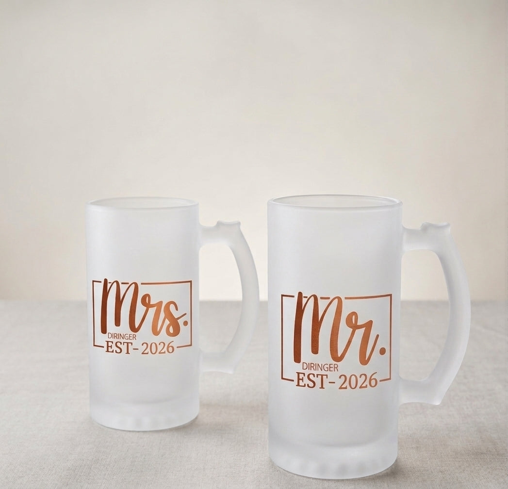Bierglas Hochzeit personalisiert Mr Mrs Geschenk Bronze Verlobung Bierkrug mit Namen Datum Paar Jahrestag satiniert Bierkrüge Set EST