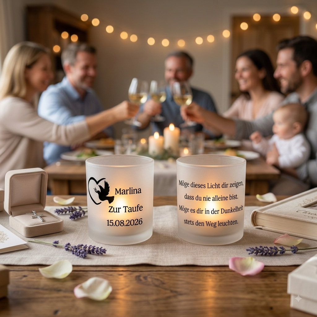 Teelichtglas Taufe satiniert personalisiert Taufkerze Windlicht Geschenk zur Taufe Mädchen Junge Taufgeschenk mit Name Datum