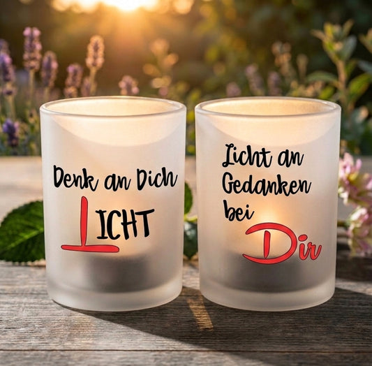 Teelichtglas Denk an Dich Geschenk Personalisiert Kerzenglas Satiniert Windlicht Freundin Trostlicht Licht an Gedanken bei Dir Mitbringsel