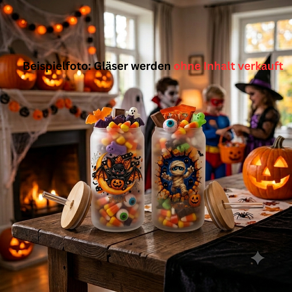 Halloween Glas Kinder personalisiert Deckel Strohhalm, Trinkglas Name Halloween Geschenk Süßigkeiten Mitbringsel Glasbecher 520ml