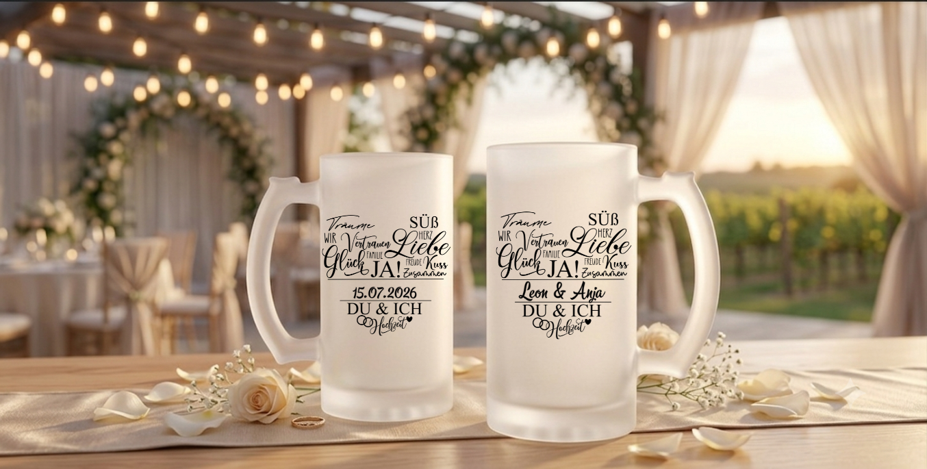Bierkrug Hochzeit personalisiert Name Datum, Hochzeitsgeschenk Bierglas satiniert, Geschenk Ehepaar Brautpaar, Bierdeckel Herz