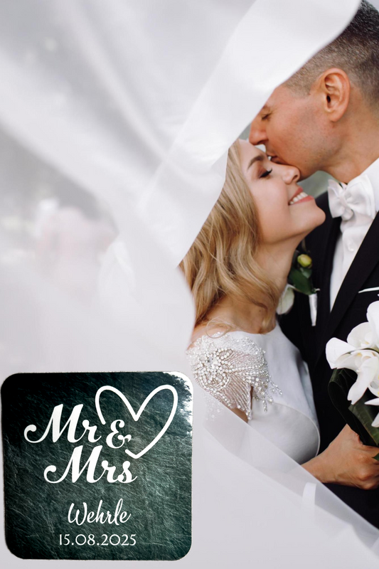 Mr&Mrs. Glasuntersetzer Hochzeit, Getränkeuntersetzer, Geschenk Brautpaar, personalisiert, Wedding, Untersetzer, Jahrestag, Hochzeitstag