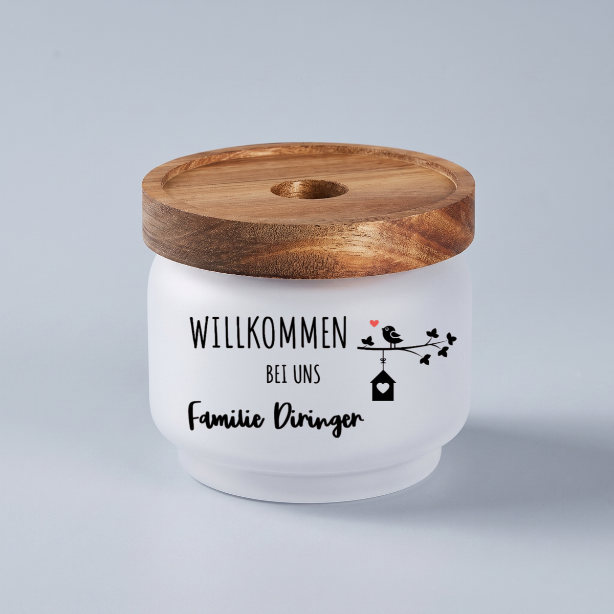 Aufbewahrungsdose Glas personalisiert Familie Holzdeckel Geschenk Einzug Vorratsglas matt mit Namen Deko Küche Willkommen Mitbringsel 250ml